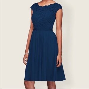 David’s Bridal Short Lace and‎ Mesh Dress with Illusion Neckline